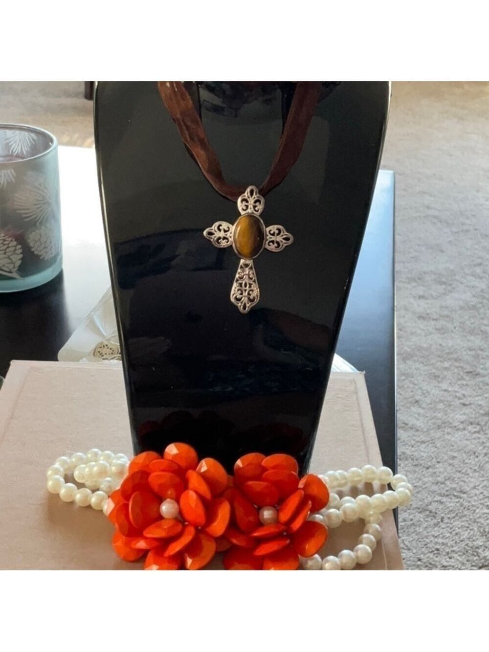 Vintage fine silver cross with natural amber stone